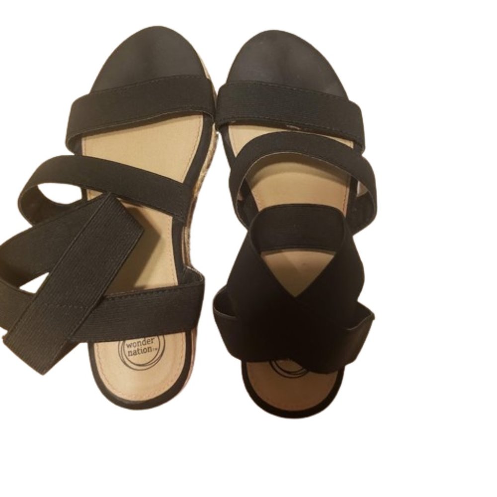 Black & Tan Elastic Wedge SANDALS Girls Big Kid Size 4 Wonder Nation